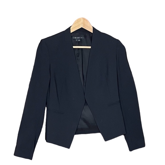 Theory Black Lanai Sevona Virgin Wool Blend Collarless Angular Blazer 2 - Picture 2 of 4